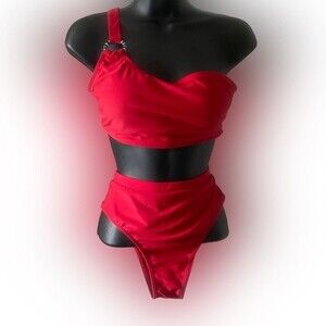 Red High waist bikini bandeau top one shoulder strap, 4th of July swimsuit S